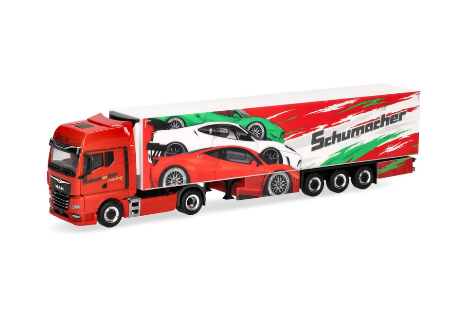 herpa-man-tgx-gx-k-hlkoffer-sattelzug-schumacher-lkw-1-87-rot image 1